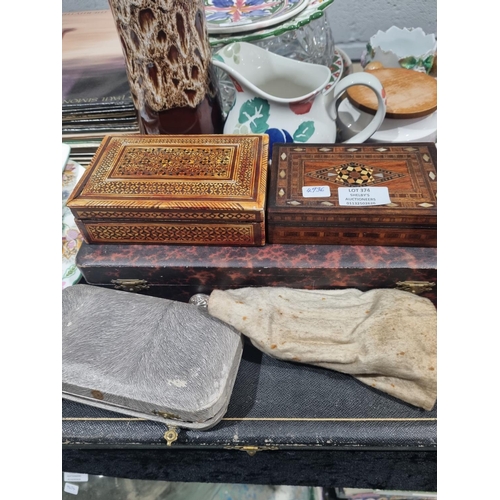 374 - SELECTION OF BOXED SILVER PLATED CUTLERY AND WOODEN TRINKET BOXES