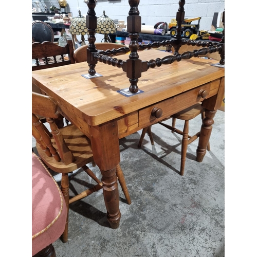 55 - 1 X SMALL PINE FARMHOUSE TABLE WITH 3 PINE CHAIRS