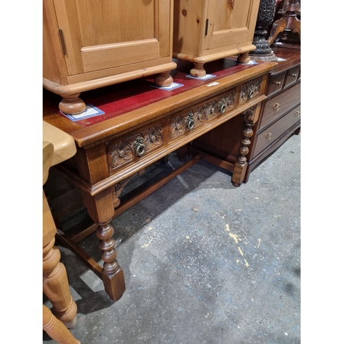 77 - 1 X OAK BARLEY TWIST WRITING DESK LEATHER TOPPED