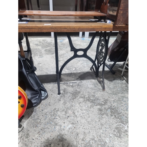 23 - 1 X OAK TABLE TOPPED CAST IRON BASE TABLE