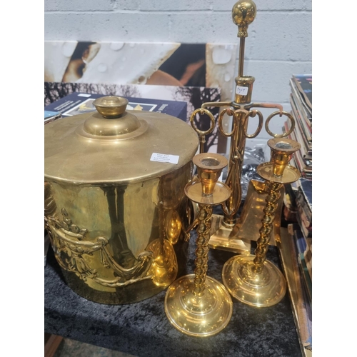 353 - 1 X BRASS COAL BIN WITH COMPANION SET AND CANDLE STICKS