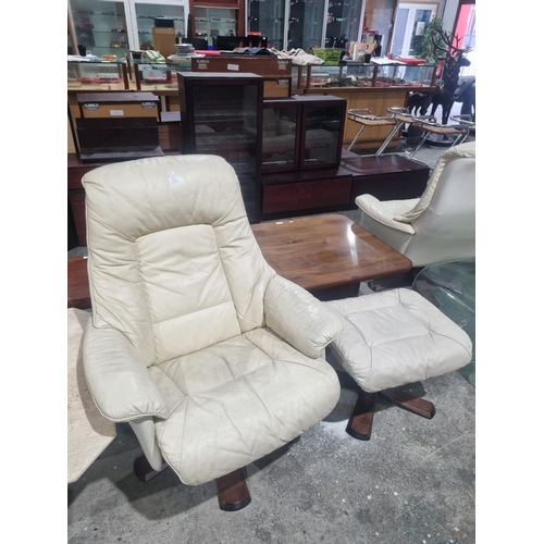 57 - 1 X SODERBERGHS SWEEDEN CREAM LEATHER RECLINER WITH FOOT STOOL