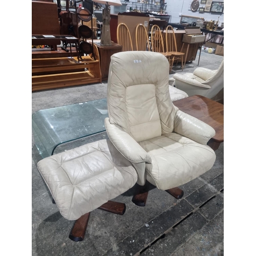 61 - 1 X SODERBERGHS SWEEDEN CREAM LEATHER RECLINER WITH FOOT STOOL