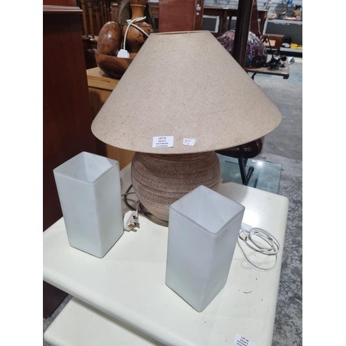 55 - 1 X TERRACOTTA URN STYLE TABLE LAMP WITH 2 X SMALL GLASS BED SIDE LAMPS