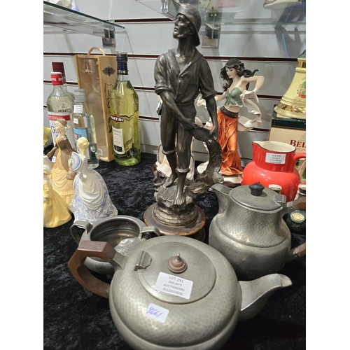 291 - 3 PIECE PEWTER TEA SERVICE SET WITH SPELTER FISHMAN FIGURINE