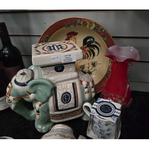 290 - 1 X SMALL ELEPHANT POTTERY PLANT STAND WITH 1960S RED GLASS VASE ETC