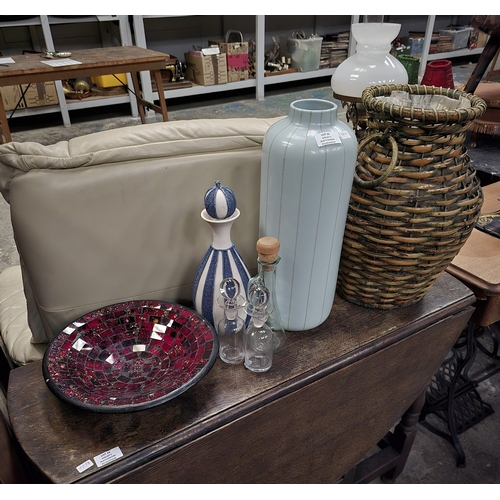 32 - 1 X WICKER BASKET WITH VASE DECANTER AND BOWL