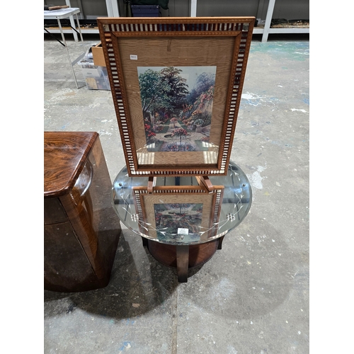 14 - 1X MIRRORED TOP TABLE WITH VINTAGE FIRE SCREEN