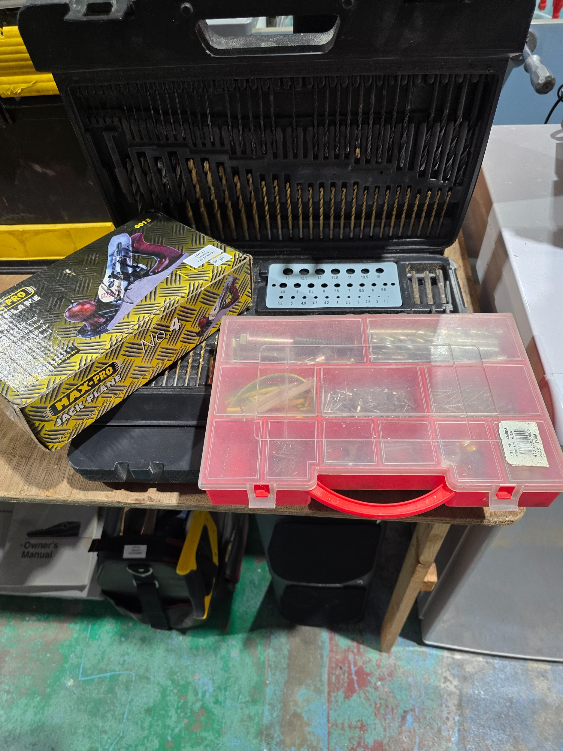 1 X PLASTIC TOOL SET BOX DRILL BITS WITH JACK PLANE ETC