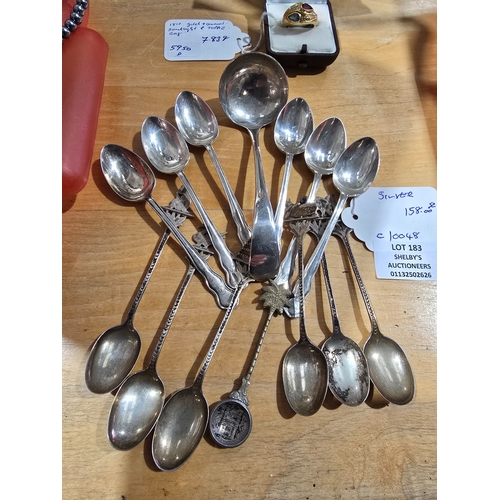 183 - 12 X VARIOUS SILVER SPOONS WITH SILVER SMALL LADLE WEIGHT 158 GRAMS