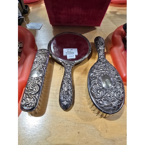 186 - 1 X LADIES SILVER DRESSING TABLE SET MIRROR AND TWO BRUSHES