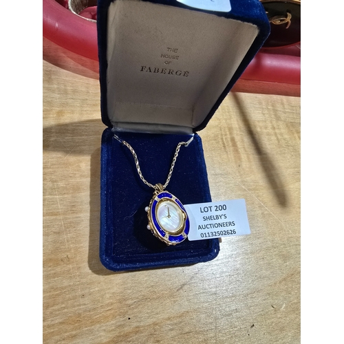 200 - 1 X HOUSE OF FABERGE SILVE GUILT MOTHER OF PEARL INLAID WATCH PENDANT AND NECKLACE