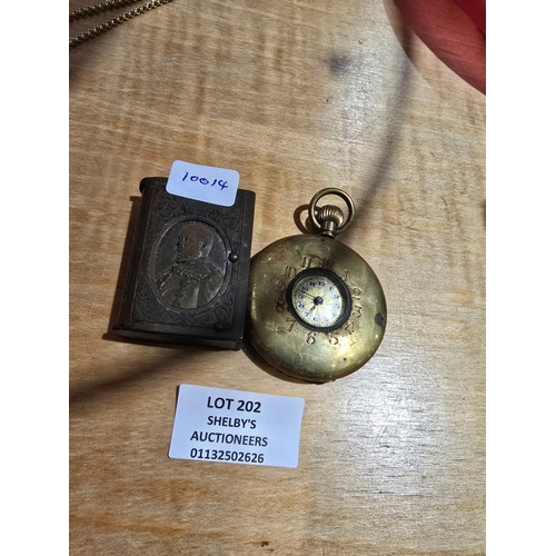 202 - 1 X CIRCA 1900S BRASS POCKET WATCH WITH VESTA CASE