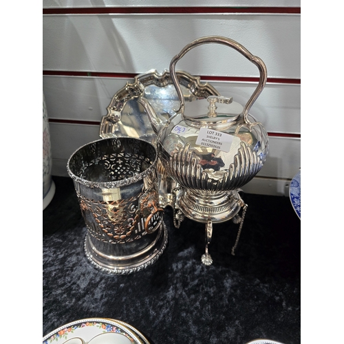 333 - 1 X SPIRIT KETTLE WITH WINE BOTTLE HOLDER AND SILVER PLATED TRAY