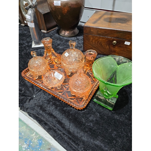 338 - 1 X 1950S PEACH GLASS DRESSING TABLE SET