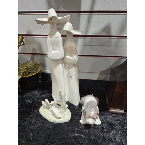 344 - 1 X LARGE LADRO NUNS FIGURINE WITH LADRO DOG FIURINE AND NAO GOOSE