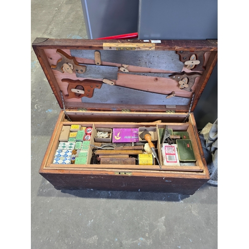 15 - 1 X LRGE WOODEN TOLL BOX CONTAINING VARIOUS TOOLS ETC