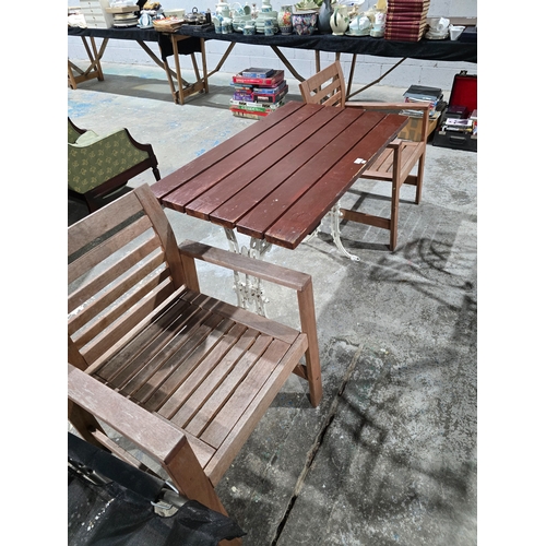 36 - 1 X CAST IRON BASE GAREDEN TABLE WITH TWO WOODEN GARDEN CHAIRS