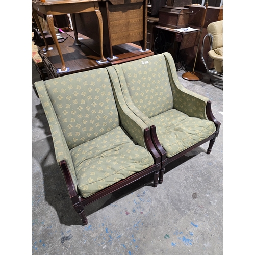 47 - 2 X EDWARDIAN GREEN UPHOLSTERY ARM CHAIRS