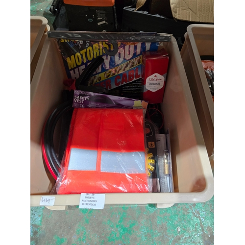 16 - box containing amp meter highvist jacket booster cables etc