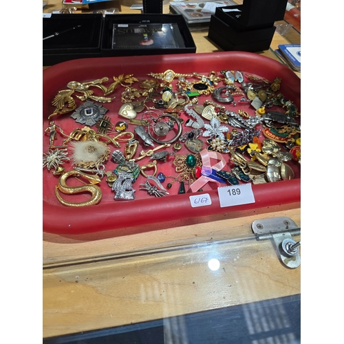 189 - 1 x tray containing various ladies brooches