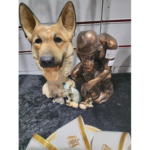 431 - large german shepard figurine and figurine with small cat figures