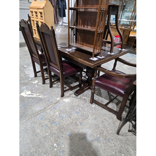 88 - large oak drawer leaf dinning table with 6 matching dining chairs