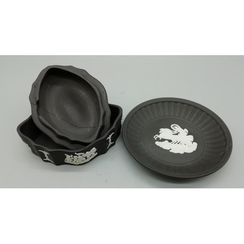 296 - Wedgwood Black Jasperware Items (2) One lid A/F