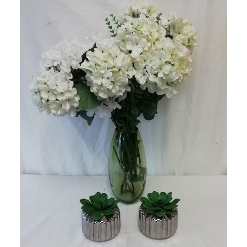 336 - Cactus Plants (2) plus Artificial Flowers in Lime Green Vase