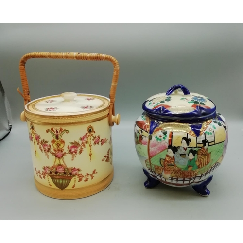 97 - Crown Devon Biscuit Barrel plus Tri Footed Lidded Pot