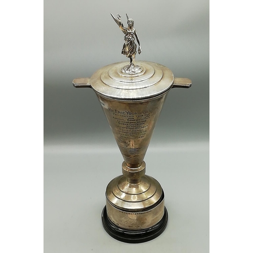 125A - Vintage Solid Silver Hallmarked Trophy with Winged Figure to Lid and Collared Plinth. Stands 40cm Hi... 