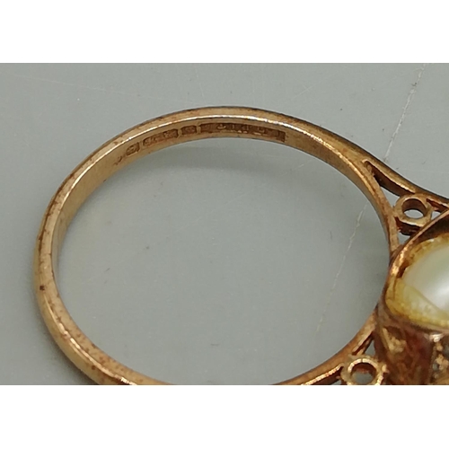 253 - 9ct Gold, Diamond and Pearl Ring. Size O. 3.35 Grams (Scrap at Time of Photo £40)