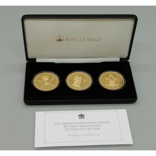 390 - Queen's Coronation Jubilee 24 Carat Gold Plated £5 Coin Collection with Certificate of Authenticity