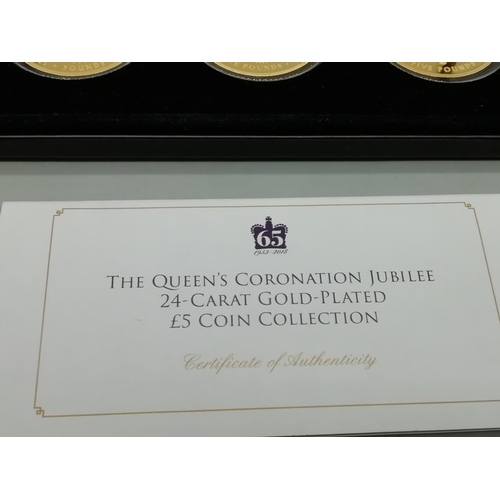 390 - Queen's Coronation Jubilee 24 Carat Gold Plated £5 Coin Collection with Certificate of Authenticity