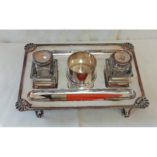 391 - Good Quality Silver Plate Desk Set with Inkwells