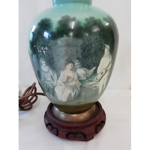 392 - Brass Lamp with Classical Scene on Wooden Base