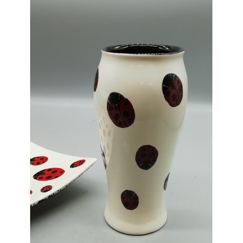 16 - Sara Ewing Staffordshire Art Ware 17cm High Ladybird Vase plus 16cm Diameter Tray