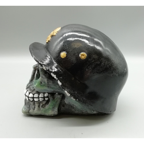 542 - Heavy Stone Skulls Head with German Helmet Ornament. 14cm high, 15cm long