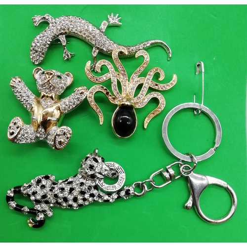 98 - Selection of Diamante Brooches and Keyring (some stones missing)
