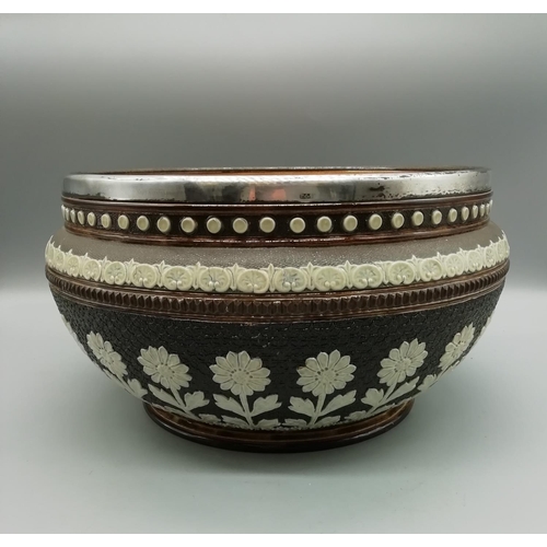 110A - Doulton Lambeth & Slaters 1890 Planter with a 'Sunflower' Pattern and White Metal Rim.