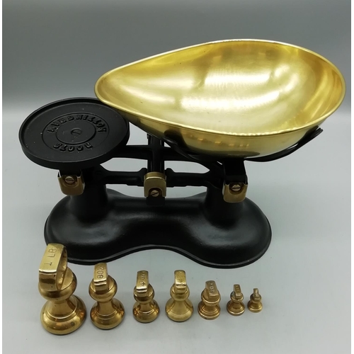 180 - Boots of Nottingham Kitchen Scales with 7 Brass Dumbell Weights