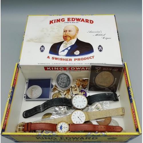 342 - Cigar Box of Mixed Coins, Cuff Links, Watches and Badges