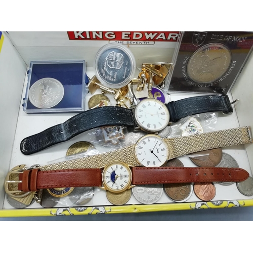 342 - Cigar Box of Mixed Coins, Cuff Links, Watches and Badges