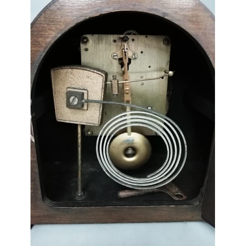 105 - Art Deco Oak Cased Chiming Mantle Clock with Key & Pendulum.