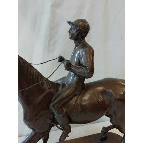 135 - Horse and Jockey Figure. Signed Charles Valton. 32cm High, 31cm Long A/F repair to the front and rea... 