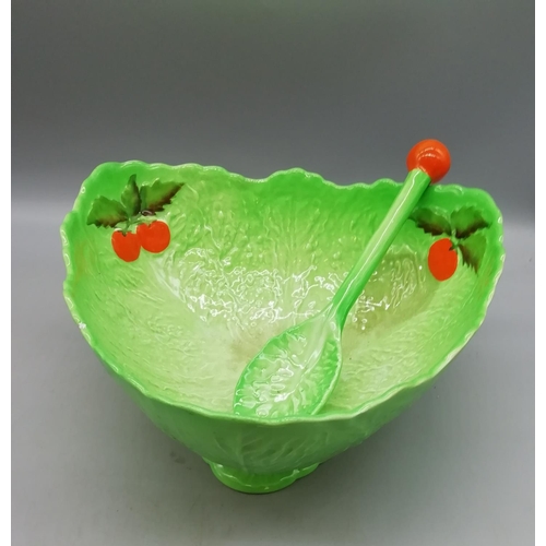 158 - Carlton Ware Footed Lettuce Leaf Bowl and Spoon. (A/F Stained)