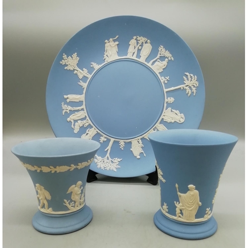 21 - Wedgwood Blue Jasper Plate and 2 Vases