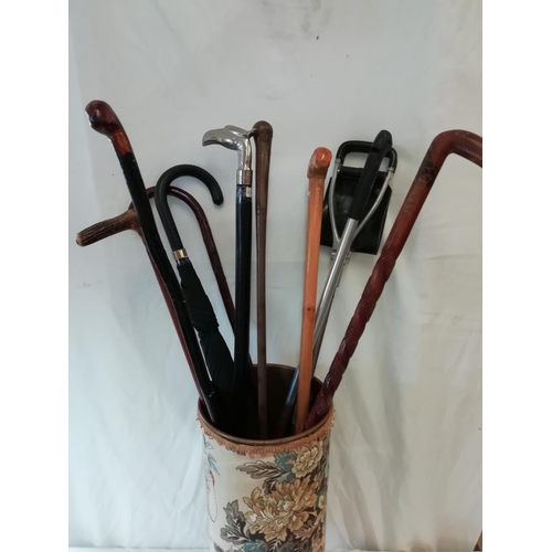 368 - Collection of 8 Walking Sticks, Shooting Stick, Umbrella plus Stand.