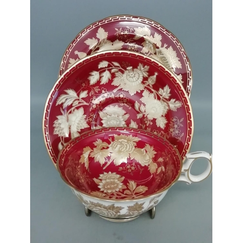 4 - Wedgwood Gilded Trio in the 'Ruby Tonquin' Pattern. Saucer and side plate marked 2nd quality.