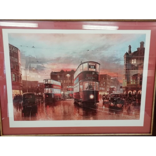 66 - Framed and Glazed Print of Manchester Trams 'In Town Tonight' by Don Breckon 1979. 102cm x 79cm. Thi... 